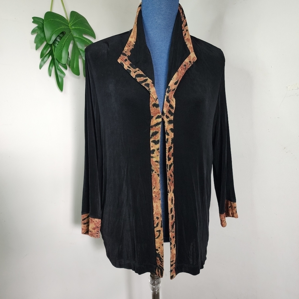 Alfred Dunner Black with Animal Print Trim Stretchy Cardigan